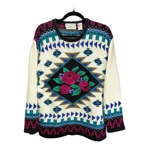 Vtg Northern Isles Sz M Hand Embroidered Rose Sweater Cream‎ Teal  Black 80s 90s